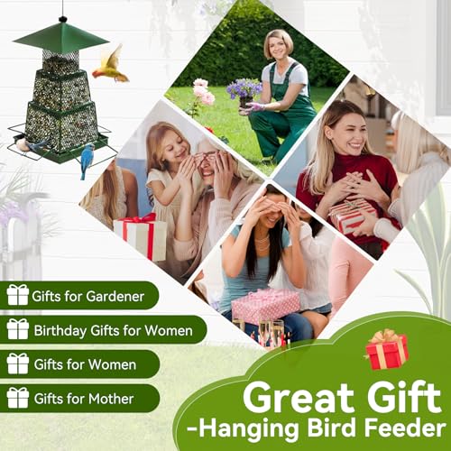 Metal Hanging Bird Feeder with 360° Mesh and 4 Perches | 4lb Seed Capacity, Easy Refill Roof, Weather Resistant, Small Bird Friendly, Ventilated Design, Durable Metal Build - color: Green