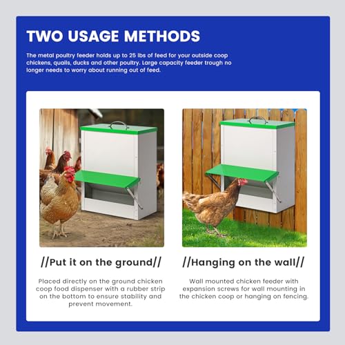 25lb Automatic Chicken Feeders Metal Poultry Feeder no Waste Large Chicken Coop Feeders with Lid Hanging Chicken Feeder Trough for Quail Chickens Ducks Feeder Outside Waterproof Chicken Feeder