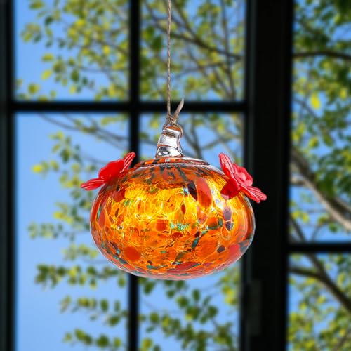 Glass Bird Feeder with Flower Decoration – Hanging Outdoor Bird Feeder for Garden, Patio,Backyard(Orange) - color: Orange