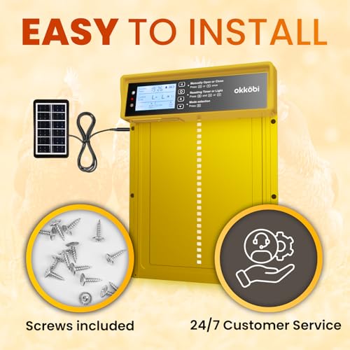 Okkobi Automatic Chicken Coop Door Solar Powered - LCD Display - Chicken Coop Door with Remote Control, Light Sensor & Timer - Security & Peace of Mind: Anti-Pinch Function - 5-Year Protection - color: Yellow