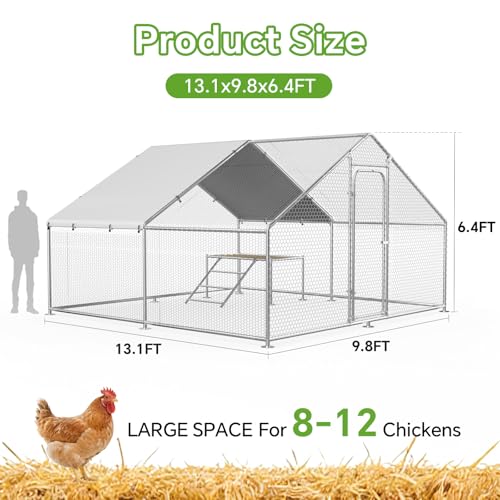 13.1 x 9.8 x 6.4 FT Metal Chicken Coop, Chicken Run with Cover | Walk-in Metal Chicken Coop, Side Hardware Cloth, Waterproof Cover, Roosting Perch, reinforced frame, Backyard & Farm Use - size: 157.3"L x 118.0"W x 78.2"H