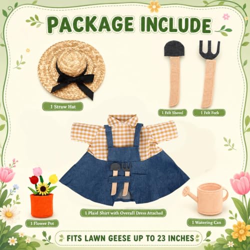 OBUSATT Gardener Porch Goose Outfits Spring Lawn Goose Costume Set | 23 Inch, with Watering Can Flower Pot, for Cement Plastic Goose Statue, Spring Holiday Outdoor Yard Garden Patio Lawn Decor - style: Gardener