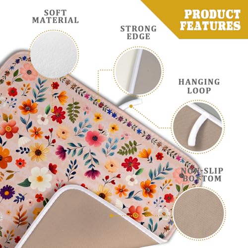 Boho Floral Dish Drying Mat - Pink Wildflower Absorbent Microfiber Kitchen Counter Pad for Home Coffee Bar Decor - color: Wildflowers Pink, size: 18" x 16"
