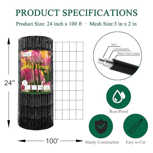 Black PVC Coated Welded Wire Fence 24" x 100' Roll, 2"x3" Mesh, 16 Gauge | Vinyl Coated Garden Fencing, Yard & Pet Barrier, Chicken Wire Fencing, Dog Enclosure Mesh, Vegetable Plant Protector - color: Black, size: 2''x3'' 16GA 24''x100'