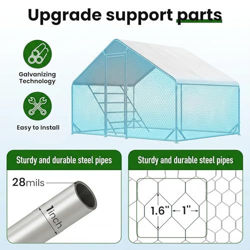 Efficraft Walk-in Chicken Coop, 9.8 x 6.5 x 6.5 ft, Cover & Perch | 9.8 x 6.5 x 6.5 ft walk-in metal run with stability braces, weather cover, and eucalyptus roosting perch. - size: 78"L x118"W x 78"H