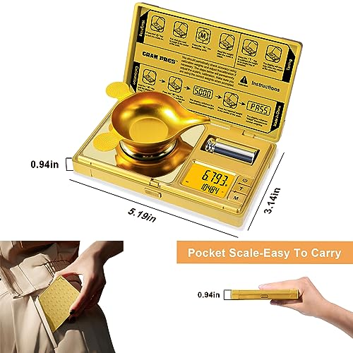 GRAM PRES High Precision Milligram Scale,Digital Mini Pocket Gram Scale | 50g/0.001g Mg Scale For Weighing Powders,Jewelry, Medicine, Gem, Reloading,Gold Scale With Cal Weight, Tweezer And Tray - color: GOLD