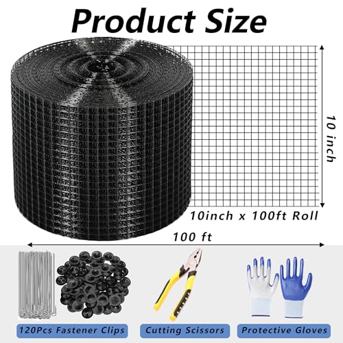 Critter Guard for Solar Panels, 10 in x 100 ft Solar Panel Bird Guard Mesh | 1/2 in PVC-coated solar mesh kit with 120 fasteners, scissors and gloves, black pigeon guard for solar panels - size: 1/2inch x 10in X 100ft