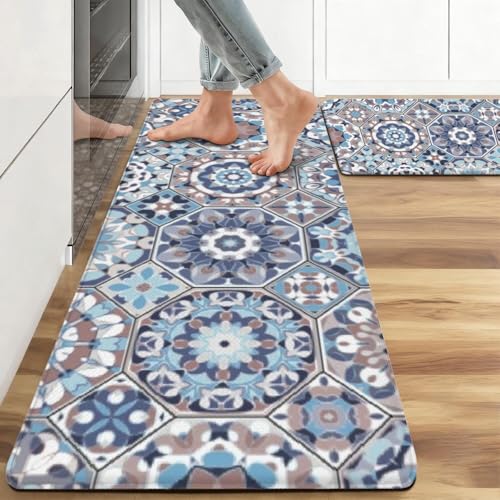 Farmhouse Boho Anti Fatigue Kitchen Mats, 17.3"x47"+17.3"x29", Blue | Cushioned Non Slip Memory Foam Waterproof, Vintage Kitchen Decor Rugs for Floor, Set of 2 for Sink Laundry Office - color: Blue Vintage