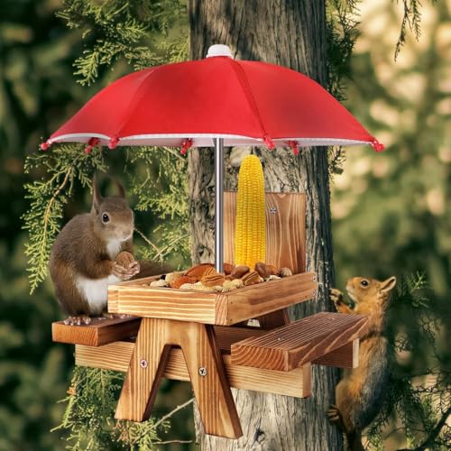 Gnodary Squirrel Feeder with Umbrella, Squirrel Feeders for Outside, Squirrel Picnic Table Feeder - Chipmunk Feeder Hold Corn, Corn Cob, Peanuts (Bright-Red) - color: Bright-Red