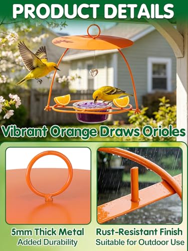 Apipi Large Oriole Feeders for Outdoors with Rain Guard, 14.2 oz Jelly Bowl | 13.4 "x 13.4" Durable Metal Hanging Baltimore Oriole Bird Feeder, Bird Lover Gifts for Backyard Garden Patio Decor