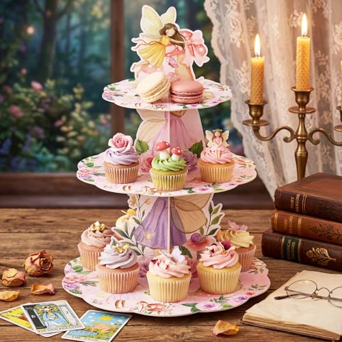3 Tier Fairy Party Decoration Fairy Cupcake Stand Decoration Floral Cupcake Tower Woodland Garden Theme Cake Holder Table Display for Tea Birthday Party Supplies - style: Fairy