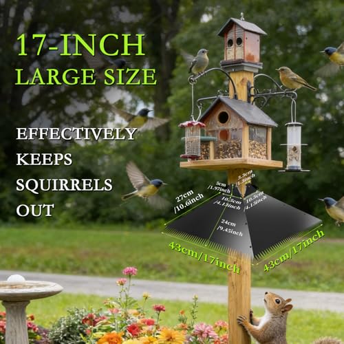 17-Inch Metal Squirrel Baffle for Bird Feeder, Heavy Duty 2-in-1 Pole Mount & Hanging Cone Fits 2.5-4.5" Round Poles & 4x4 Wooden Posts, Rustproof Powder-Coated Steel Bird Feeder Accessory