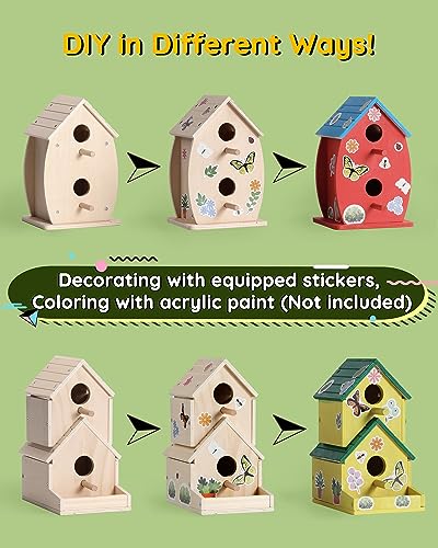SainSmart Jr. Bird House Kit for Kids to Build and Paint - Art Craft Wooden Toys - Unfinished Wood Crafts with Stickers - Woodworking Crafts for Children Ages 3+