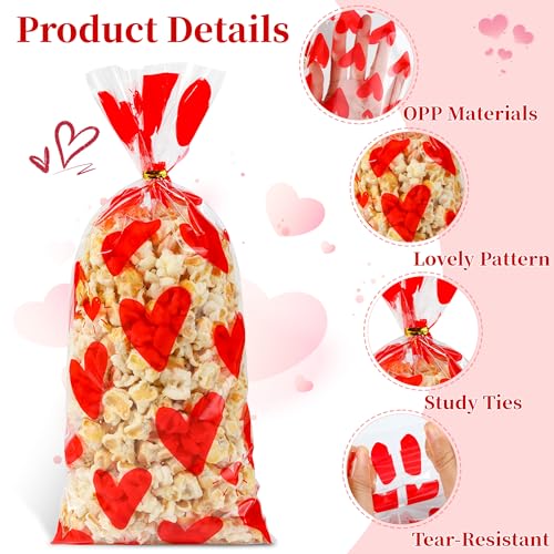Soarvita 100PCS Valentine Goodie Bags – 5 x 11 Inch Red Heart Valentine Cellophane Treat Bags with 110 Twist Ties, Valentine's Day Candy Bags for Kids Classroom Exchange, Cookies, Gifts & Party Favors - color: Valentines-100pcs