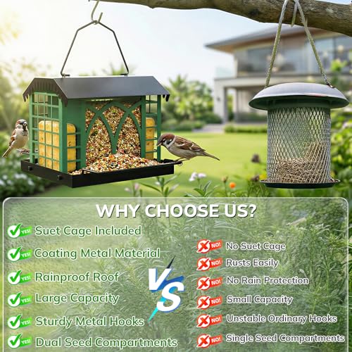Bird Feeders for Outdoors Hanging, Metal Bird Feeder with Double Suet Cage Weatherproof Metal Roof, 3.5Lbs Large Capacity Great for Attracting Finch Cardinal Chickadee Wild Birds, Branch Green - color: Branch Green