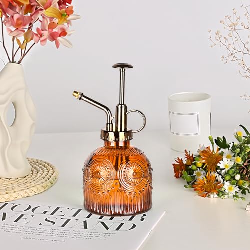 Glass Plant Mister Spray Bottle, 230ML Vintage Plant Spritzer, Succulent Watering Bottle Glass with Top Pump, Small Plants Sprayer Watering Can for Indoor Outdoor House - Brown - color: Brown