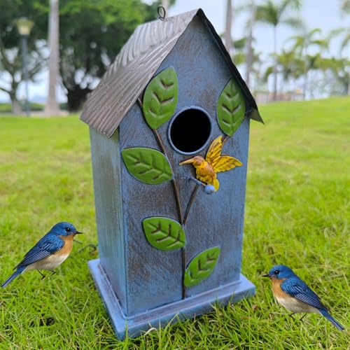 Metal Bird House for Outside - Elegant & Durable Hanging Birdhouse with Rustic Brown Roof & Vibrant Blue Design - Includes S-Hook for Easy Hanging (23.46in Tall)