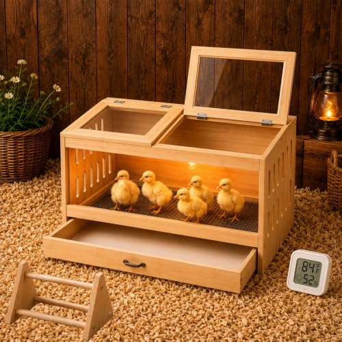 Wooden Brooder Box for Chicks, Ducklings & Quail Chick House | Solid NZ Pine Brooder Box, 31.5×15.75×15.75 in, Thermometer & Chick Perch, Clear Acrylic, Pull Drawer, Dual Vents for Poultry