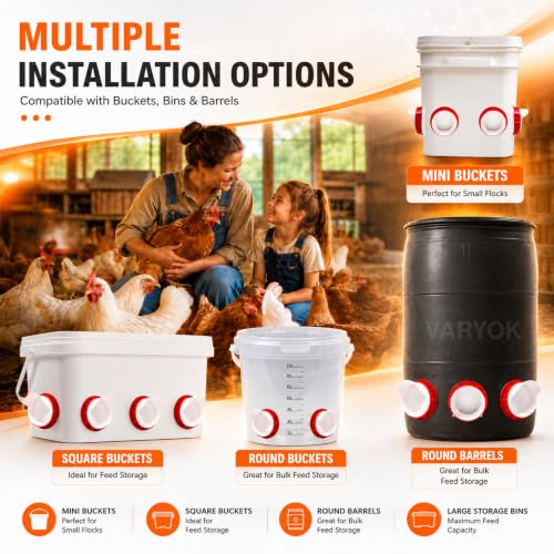 Chicken Feeder Port Kit, 6 Ports No Waste Automatic Chicken Feeder Cups with Rainproof Covers, 3.15" Hole Saw, DIY Gravity Poultry Feeder for Buckets, Barrels, Bins & Troughs