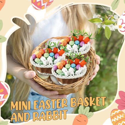 Cinnvoice 24 Sets Mini Easter Party Favor Supplies, Mini Easter Baskets with Eggs, Bunnies, Carrots, Grass & Opp Bags for Spring Egg Hunts, DIY Crafts (Brown) - color: Brown
