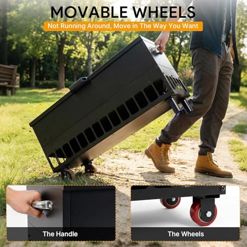120LBS Automatic Metal Chicken Feeder,Heavy Duty Steel Chicken Feeder Box | Portable Chicken Feede Poultry Feeder with single-side casters and Weatherproof Lid for Ducks, Geese, Black