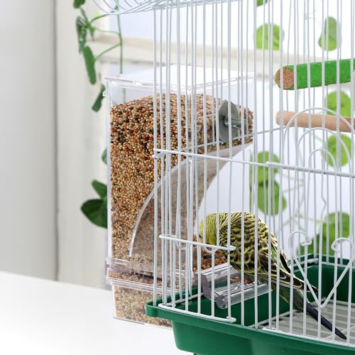 IBWell No Mess Automatic Bird Feeder for Cage - Parrot Feeder Inside Cage With Clear Perch and Acrylic Seed Food Container