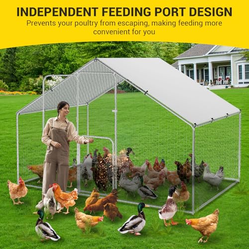Takywep Walk-in Metal Chicken Coop, 9.8×6.5×6.5FT Galvanized Poultry Cage with Spire Roof, Waterproof UV Cover & Dual Doors, Heavy Duty Large Hen House for Backyard Farm, Suitable for Duck Quail - size: 118.1"L x 78.7"W x 78.7"H