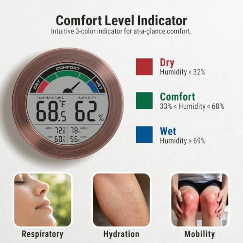 Digital Hygrometer Indoor Thermometer, Brushed Metal Frame, Bronze | Large round display, clear digits, accurate readings, comfort gauge, humidity meter, room temperature and humidity monitor - color: Bronze