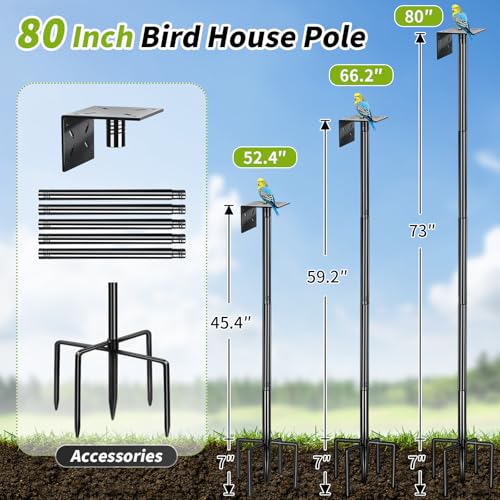 Bird House Pole, 80 Inch Bird Feeder Pole Stand with 1-Inch Dia Heavy Duty Birdhouse Pole Mount Kit for Outdoors Smart Birdhouse, Weather Station