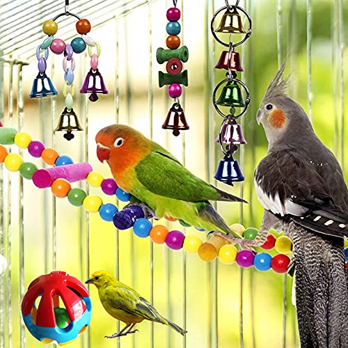 Hamiledyi Bird Parrot Swing Chewing Toy Set 15PCS Wooden Hanging Bell with Hammock Climbing Ladders Colorful Pet Birds Cage Toys for Small Parakeet Cockatiel Finches Conures Budgie Macaws Love Birds
