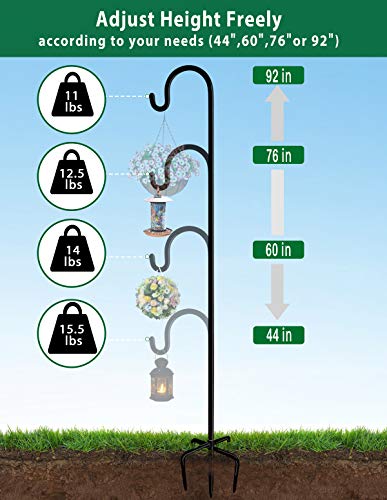 Adjustable Outdoor Shepherd Hook Stand with 5 Prong Base, 92 Inches Tall 3/5 in Thick, Shiny Black (1 Packs) - size: 92in-Single
