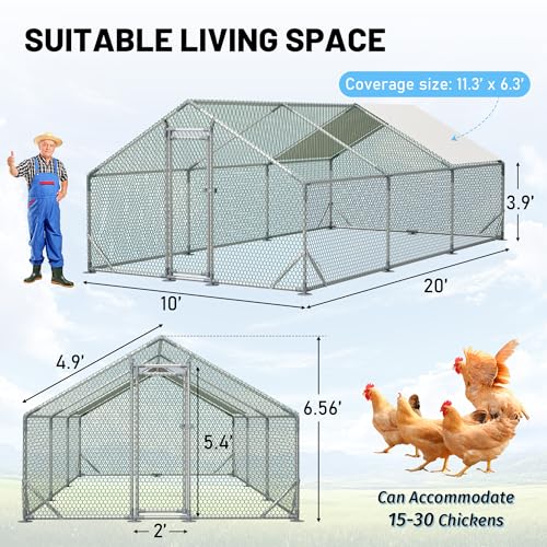 Metal Chicken Coop 20x10x6.56ft Extra Large Walk-in Poultry Cage for 15-30 Chickens Chicken Run Hen Rabbit Duck House with Waterproof Cover for Outdoor Farm Use - size: 240.0"L x 120.0"W x 78.7"H