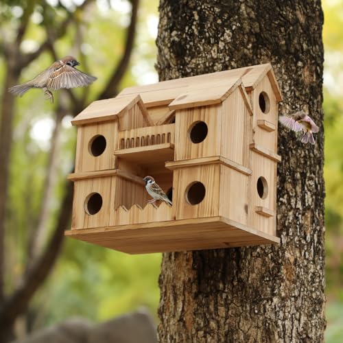 Wooden Bird Houses for Outside, 10 Holes Multi-Chamber Bird House, 1.37" Entrance Hole for Small Birds, Decorative Outdoor Bird Nesting Box