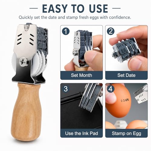 Egg Date Stamp Kit (Egg Dater + Black Quick-Drying Ink Pad), Clear Text Egg Marker, Egg Date Stamps for Fresh Eggs, Egg Stamper for Chicken Tenders