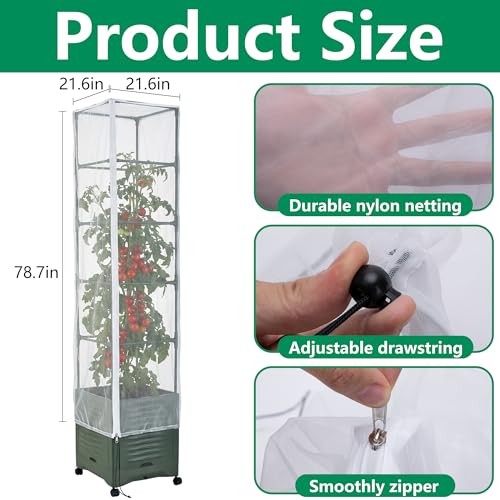 2 Pcs Garden Bird Netting Plant Cover for Square Tomato Cage, 78.7" x 21.6" Insect Bird Barrier Tomato Cage Net with Zipper & Drawstring, Tomato Trellis Netting Protection Cover for Protecting Plants - color: 2 Pcs, size: 78.7 x 21.6 inch