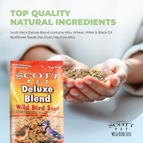 Scott Pet Wild Bird Seed, Deluxe Blend, 11lb, High Protein & Fiber | No dust. Attracts Juncos, Jays, Finches, Grosbeaks, Nuthatches & Titmice. All feeders.