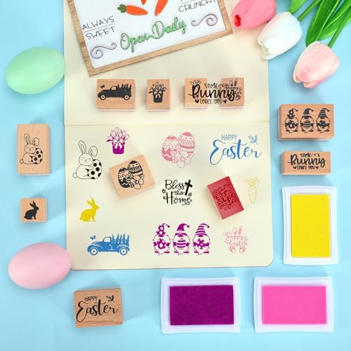 JarThenaAMCS 11 Pcs Easter Wooden Rubber Stamps Spring Tulip Floral Bunny Rabbit Egg Gnome Mixed DIY Craft Stamps for Party Decor Scrapbooking Cards Making - style: Easter