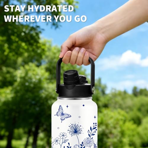 Blue Flower Gift for Women, 26oz Water Bottle with Handle for Girl Friends - color: Flower-Blue