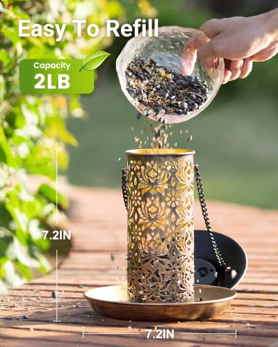 SWEETFULL Solar Bird Feeder for Outdoors Hanging, Metal Wild Bird Feeder for Cardinals Solar Garden Lantern with S Hook as Gift for Bird Lovers (2LBs Heavy Duty birdfeeders) - size: 7.2"x7.2"