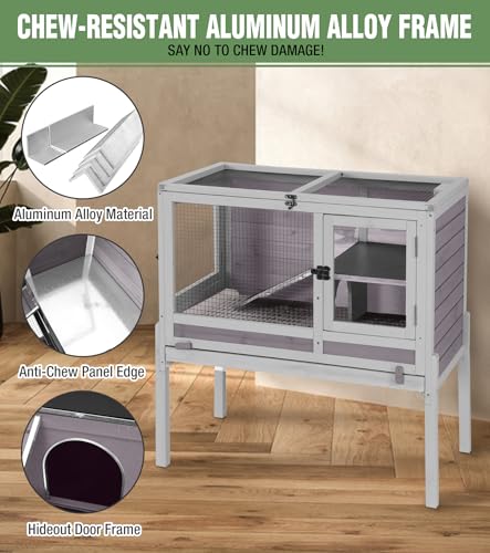 Guinea Pig Cage Indoor with Chew-Proof Edges, Clean Deep Tray | Rabbit cage with leakproof PVC layer, detachable legs, openable roof, multiple ventilated doors, Grey - color: Grey