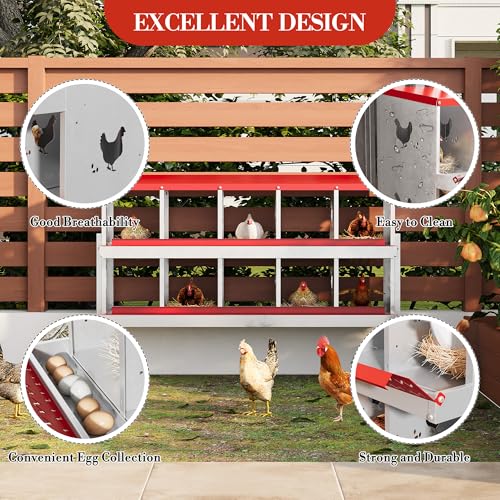Chicken Nesting Boxes 10 Holes Galvanized Steel Rustproof Egg Laying Box with Egg Collection Systems, Hen Eggs Laying Box, Ventilated/Easy to Install, for Chicken House/Duck House/Hen - color: Red, size: 10 Holes with Legs