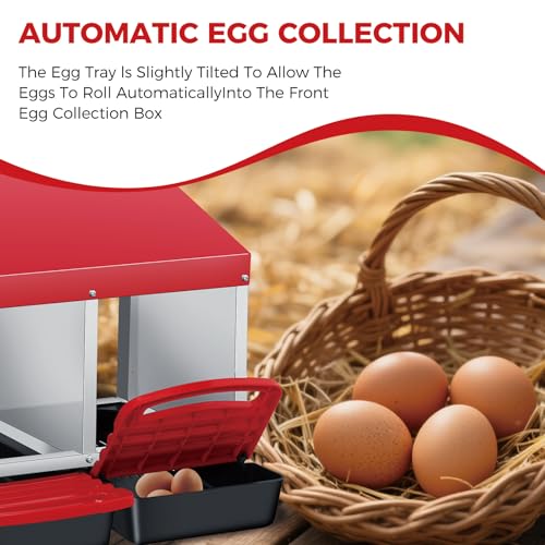 4 Hole Chicken Nesting Boxes, Weatherproof Galvanized Steel Chicken Egg Laying Box with Automatic Rollout Egg Collection, 2-in-1 Handle Perch, Easy Clean & Quick Assemble for Chicken Coop - color: Red, size: 30.7"L x 20.1"W x 20.1"H