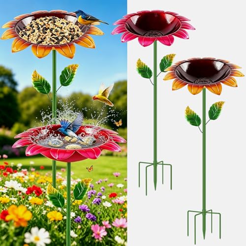 Bird Bath for Outside, 2 Pack 31.5 Inch Metal Bird Baths with Stake and Upgraded 5-Prong Base, Freestanding Sunflower Birdbath Birdfeeder Deep Water Bowl Feeder for Lawn Yard Garden Decor