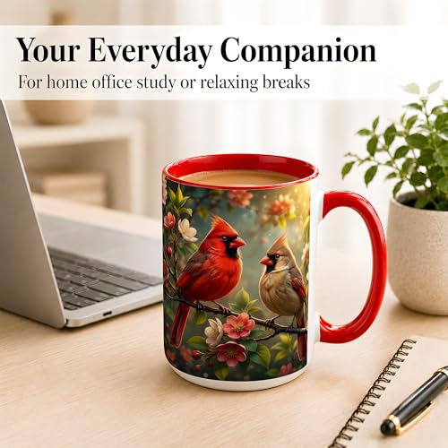 Cardinal Garden Coffee Mug, Bird Lover Mug, Spring Nature Gift for Home Office, Red Songbird Pair with Cherry Blossoms Branch Artwork, Ceramic Red Accent Handle Cup 15 Oz Drinkware (Bird Pair 15oz) - color: Bird Pair 15oz