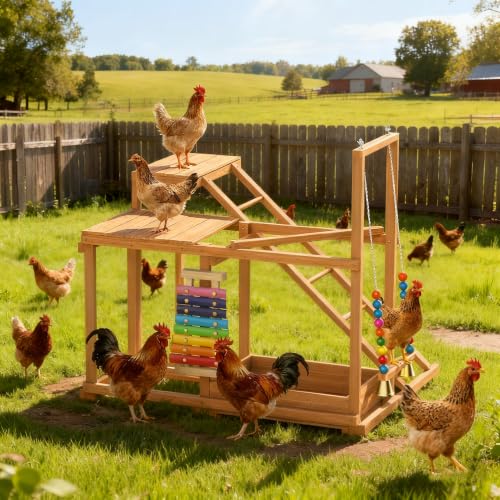 Wooden Chicken Activity Play for Poultry Run, Chicken Toy for 3-4 Birds | Chicken Coop Accessory with Multiple Perches, Swing, Ladder, Feeder, Xylophone Toy & Bell, Outdoor Birds Pet Entertainment