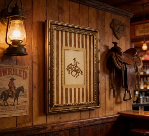 Vintage Gold Framed Western Cowboy Wall Art Rustic Rodeo Bronco Rider Painting Canvas Prints Country Equestrian Horse Stripes Picture Poster Farmhouse Artwork for Man Cave Living Room Bedroom - color: Western Cowboy, size: 11"L x 9"W