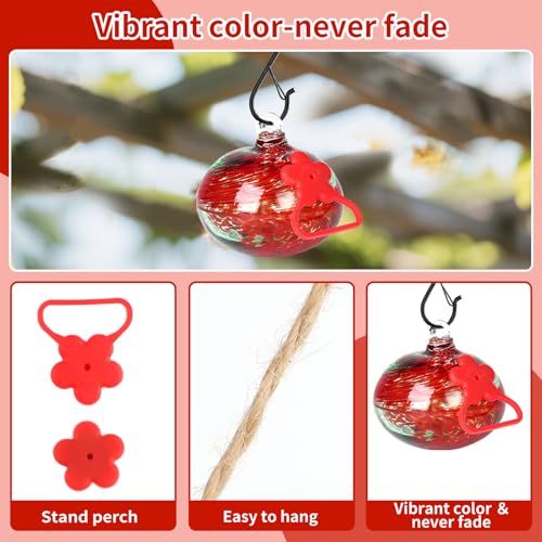 Pozfun Small Hummingbird Feeders for Outdoors Hanging,Hand-Blown Glass Hummingbird Feeder with Silicone Feeding Perch,Never Leak,Gardening Gifts for Woman Man(Red) - color: Red