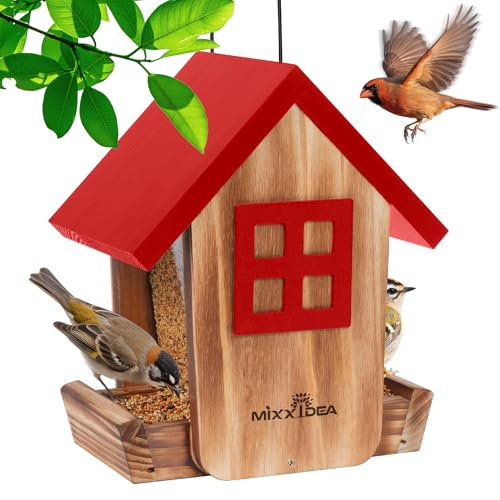 Wooden Hanging Hopper Bird Feeder for Outdoors with Weatherproof Roof Red | Bird House Feeder Attracts Various Wild Birds Cardinals, Bluebirds for Backyard, Yard and Patio Hanging Feeding - color: Red