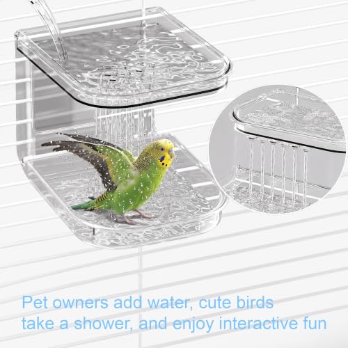 Automatic No Mess Bird Feeder for Cage 2-in-1 Transparent Parrot Seed Food Container & Bird Bath Box with 27oz Capacity Spill-Proof Bird Accessories for Lovebirds Cockatiels Canaries (Shower)