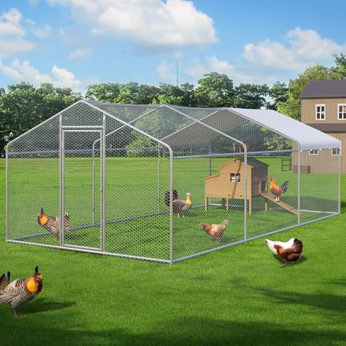 Large Metal Chicken Coop, Chicken Runs with Waterproof Cover, Walk in Poultry Cage for Yard with Hen House, Duck Coop and Rabbit Run(8.96'Wx18.9'Lx6.4'H) - color: Spire Roof, size: 3 units